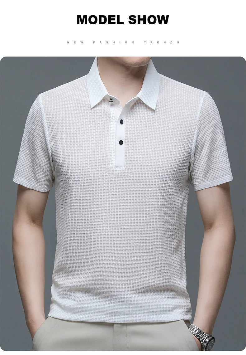 Verão Nova Camiseta Masculina Manga Curta Fresca e Respirável Camisa POLO Casual de Negócios Top Absorvente de Suor