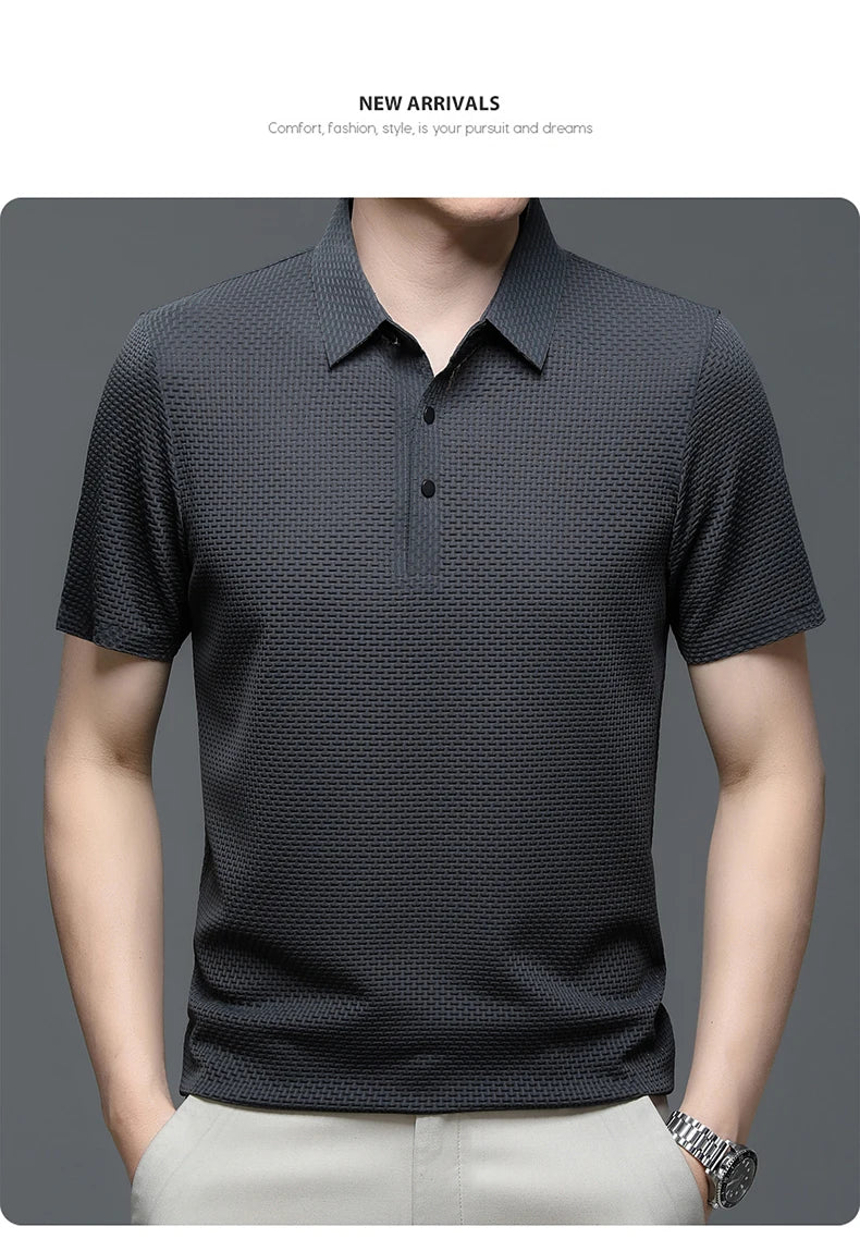 Verão Nova Camiseta Masculina Manga Curta Fresca e Respirável Camisa POLO Casual de Negócios Top Absorvente de Suor