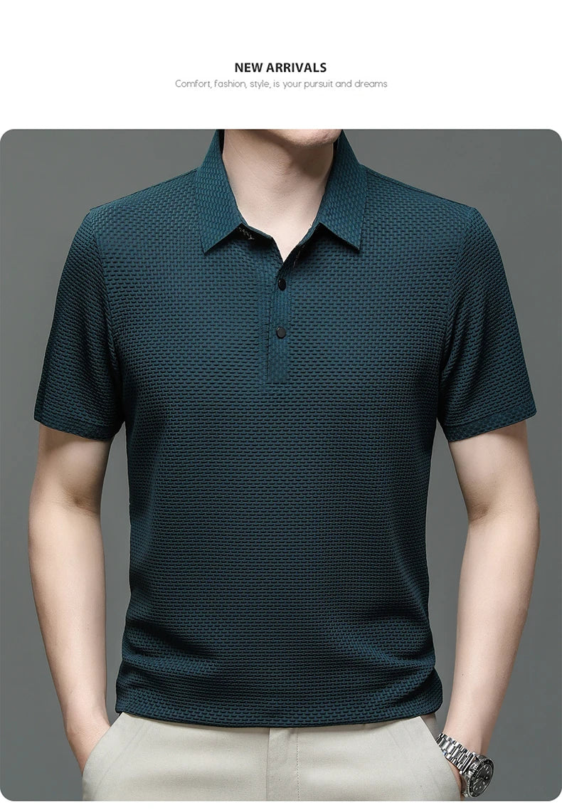 Verão Nova Camiseta Masculina Manga Curta Fresca e Respirável Camisa POLO Casual de Negócios Top Absorvente de Suor