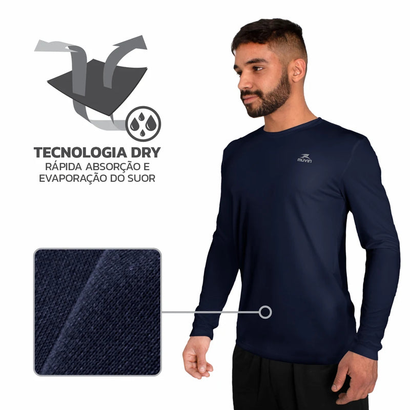 Camisa básica masculina LS Muvin Dry - Proteção UV50 - Manga comprida - Corrida, caminhada e academia