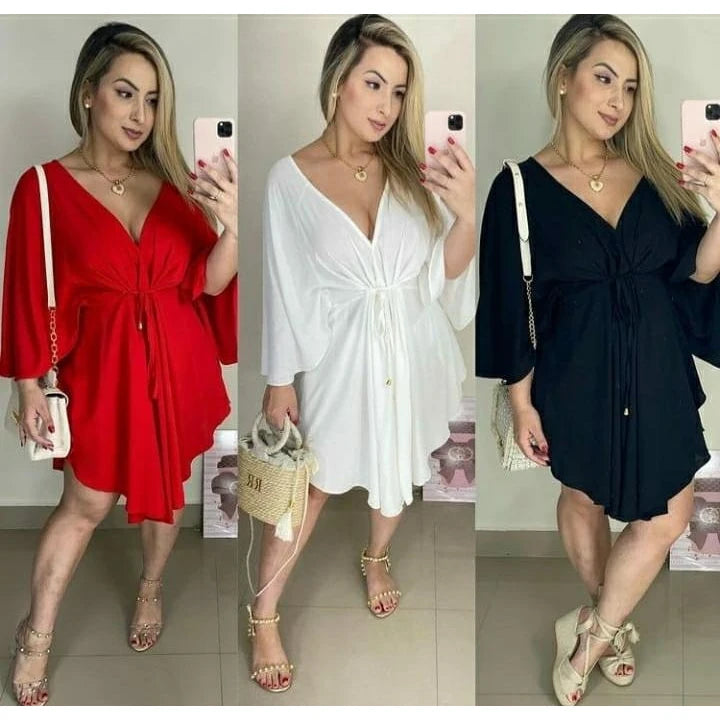 Vestido curto KAFTA com manga longa e amarração tendência feminina